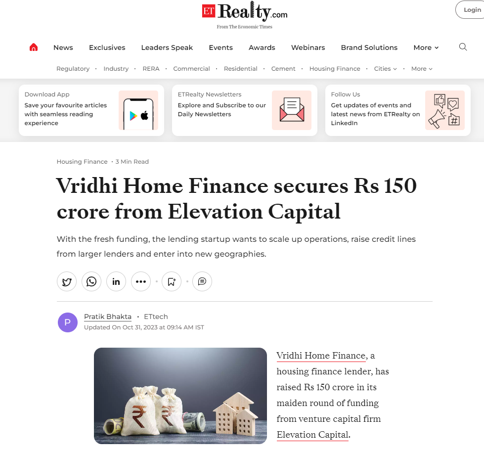 Vridhi Home Finance secures Rs 150 crore from Elevation Capital